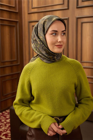 Twill İpek Eşarp Yeşil Gri-Kına Yeşili Desenli Tok Duruşlu 90X90