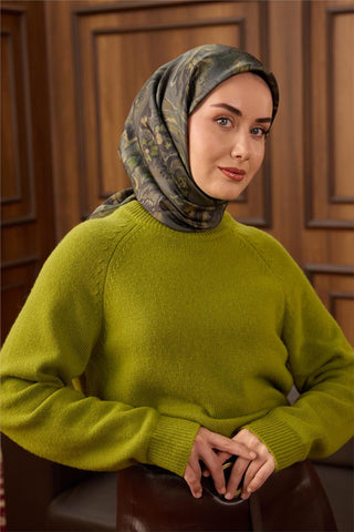 Twill İpek Eşarp Yeşil Gri-Kına Yeşili Desenli Tok Duruşlu 90X90