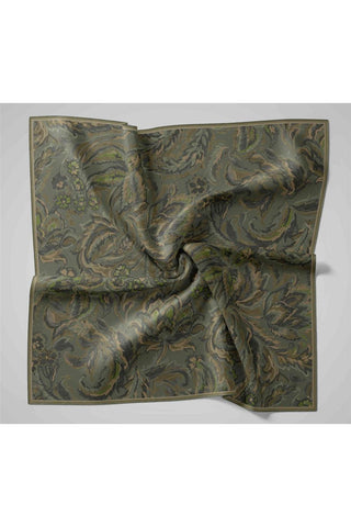 Twill İpek Eşarp Yeşil Gri-Kına Yeşili Desenli Tok Duruşlu 90X90