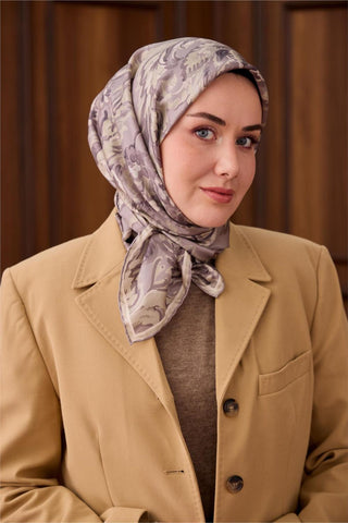 Twill İpek Eşarp Gri-Füme Desenli Tok Duruşlu 90X90