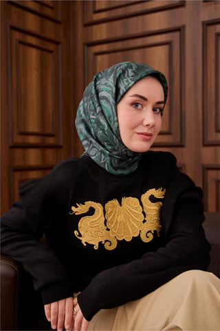 Twill İpek Eşarp Koyu Yeşil-Su Yeşili Desenli Tok Duruşlu 90X90