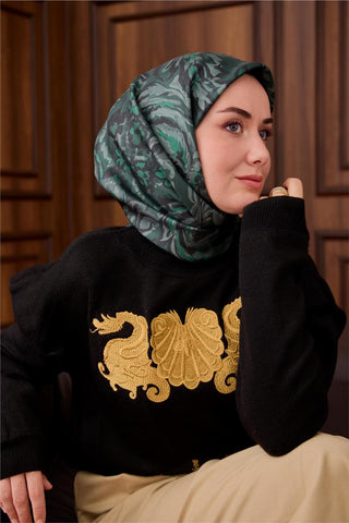 Twill İpek Eşarp Koyu Yeşil-Su Yeşili Desenli Tok Duruşlu 90X90