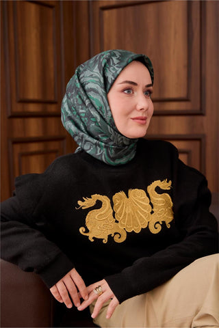 Twill İpek Eşarp Koyu Yeşil-Su Yeşili Desenli Tok Duruşlu 90X90
