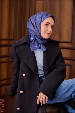 Twill İpek Eşarp Füme-Saks Desenli Tok Duruşlu 90X90