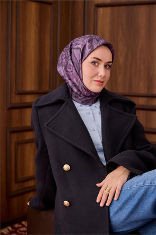 Twill İpek Eşarp Mürdüm-Pudra Desenli Tok Duruşlu 90X90