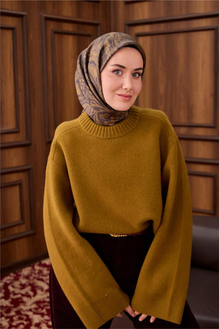 Twill İpek Eşarp Olive-Haki Açık Kahve Desenli Tok Duruşlu 90X90