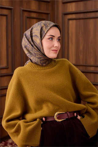 Twill İpek Eşarp Olive-Haki Açık Kahve Desenli Tok Duruşlu 90X90