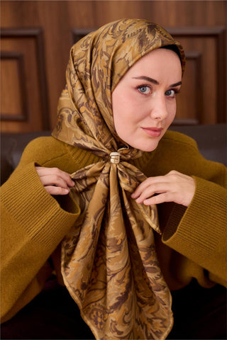 Twill İpek Eşarp Olive-Haki Desenli Tok Duruşlu 90X90