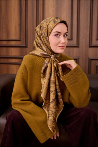 Twill İpek Eşarp Olive-Haki Desenli Tok Duruşlu 90X90