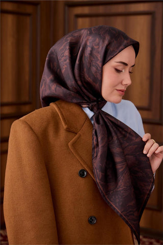 Twill İpek Eşarp Kahve-Mor Desenli Tok Duruşlu 90X90