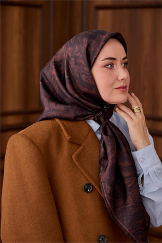 Twill İpek Eşarp Kahve-Mor Desenli Tok Duruşlu 90X90