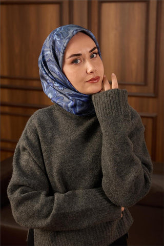 Twill İpek Eşarp Metalik Gri-İndigo Desenli Tok Duruşlu 90X90