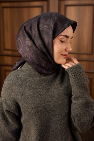 Twill İpek Eşarp Koyu Mor Desenli Tok Duruşlu 90X90