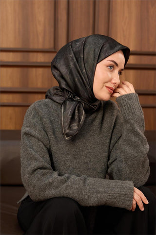 Twill İpek Eşarp Koyu Yeşil-Gri Desenli Tok Duruşlu 90X90