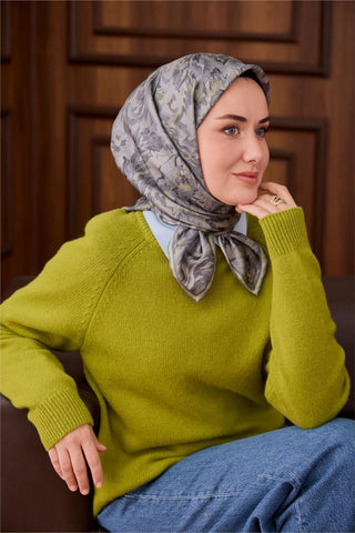 Twill İpek Eşarp Yeşil Gri-Füme Desenli Tok Duruşlu 90X90