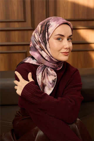 Twill İpek Eşarp Pembe-Pudra Desenli Tok Duruşlu 90X90
