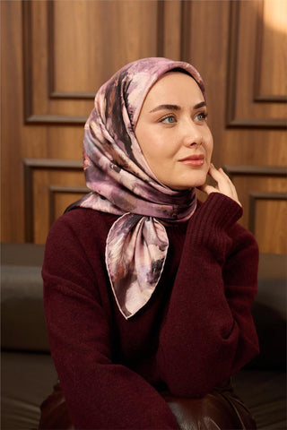 Twill İpek Eşarp Pembe-Pudra Desenli Tok Duruşlu 90X90