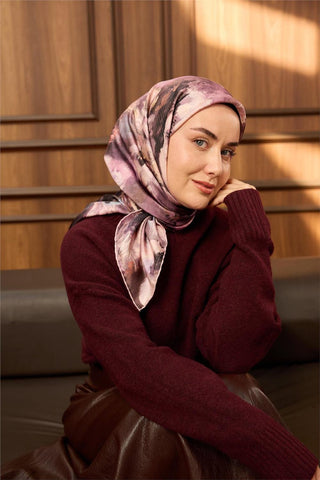Twill İpek Eşarp Pembe-Pudra Desenli Tok Duruşlu 90X90