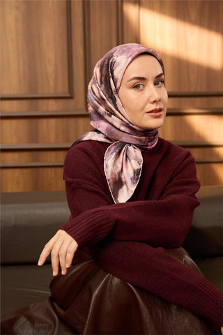 Twill İpek Eşarp Pembe-Pudra Desenli Tok Duruşlu 90X90