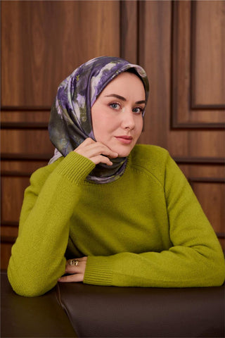 Twill İpek Eşarp Leylak-Yeşil Desenli Tok Duruşlu 90X90