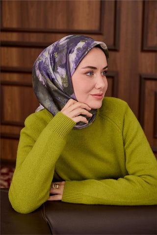 Twill İpek Eşarp Leylak-Yeşil Desenli Tok Duruşlu 90X90