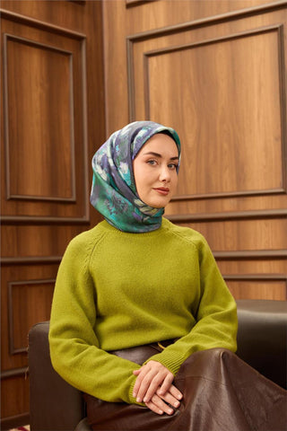 Twill İpek Eşarp Turkuaz-Mor Desenli Tok Duruşlu 90X90