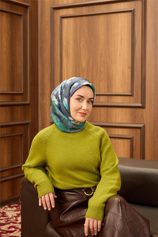 Twill İpek Eşarp Turkuaz-Mor Desenli Tok Duruşlu 90X90