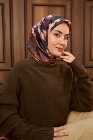 Twill İpek Eşarp Hardal-Bakır Kahve Desenli Tok Duruşlu 90X90