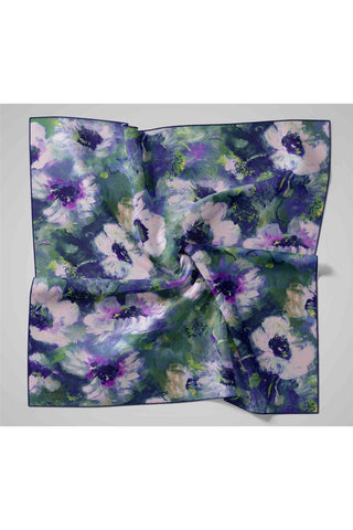 Twill İpek Eşarp Koyu Lacivert-Yeşil Mor Desenli Tok Duruşlu 90X90
