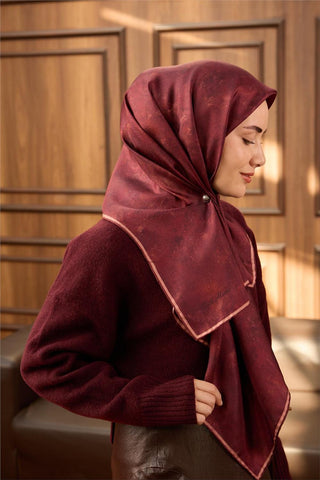 Twill İpek Eşarp Koyu Kırmızı–Somon Desenli Tok Duruşlu 90X90