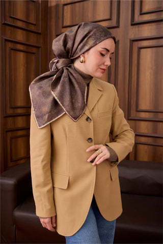 Twill İpek Eşarp Haki–Bej Desenli Tok Duruşlu 90X90