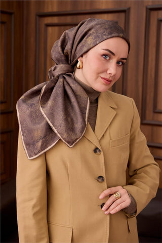 Twill İpek Eşarp Haki–Bej Desenli Tok Duruşlu 90X90