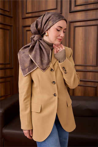 Twill İpek Eşarp Haki–Bej Desenli Tok Duruşlu 90X90