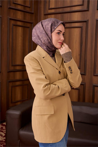 Twill İpek Eşarp Mor–Vizon Desenli Tok Duruşlu 90X90