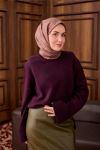Twill İpek Eşarp Sütlü Kahve–Mor Desenli Tok Duruşlu 90X90