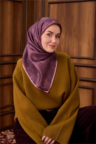 Twill İpek Eşarp Vişne–Somon Desenli Tok Duruşlu 90X90