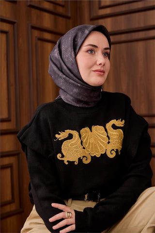 Twill İpek Eşarp Gri–Beyaz–Siyah Desenli Tok Duruşlu 90X90