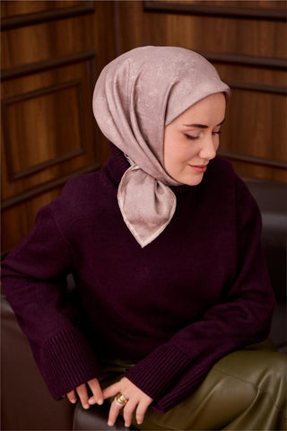Twill İpek Eşarp Ekru–Soluk Gül Kurusu Desenli Tok Duruşlu 90X90