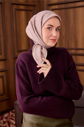 Twill İpek Eşarp Ekru–Soluk Gül Kurusu Desenli Tok Duruşlu 90X90