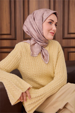 Twill İpek Eşarp Pudra Vizon Tonlu Desenli Tok Duruşlu 90X90