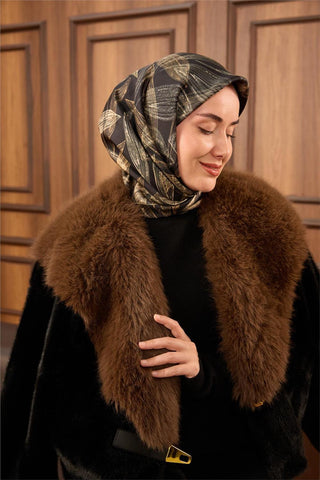 Twill İpek Eşarp Siyah-Vizon Krem Gold Geçişli Kaymaz Tok Duruşlu 90X90