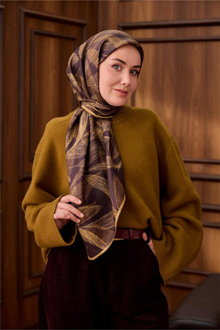 Twill İpek Eşarp Acı Kahve-Açık Gold Gold Geçişli Kaymaz Tok Duruşlu 90X90