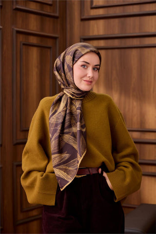 Twill İpek Eşarp Acı Kahve-Açık Gold Gold Geçişli Kaymaz Tok Duruşlu 90X90