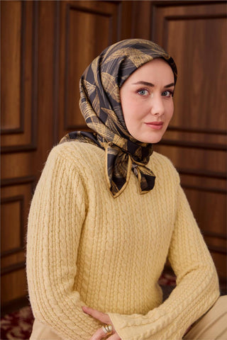 Twill İpek Eşarp Siyah-Açık Gold Gold Geçişli Kaymaz Tok Duruşlu 90X90