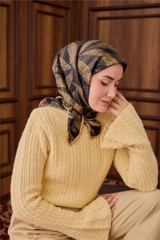 Twill İpek Eşarp Siyah-Açık Gold Gold Geçişli Kaymaz Tok Duruşlu 90X90