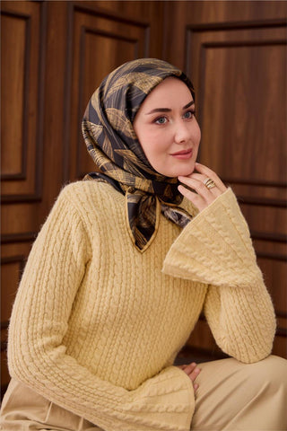 Twill İpek Eşarp Siyah-Açık Gold Gold Geçişli Kaymaz Tok Duruşlu 90X90