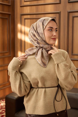 Twill İpek Eşarp Vizon-Pastel Mor Ekru Geçişli Kaymaz Tok Duruşlu 90X90