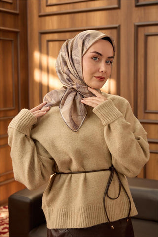 Twill İpek Eşarp Vizon-Pastel Mor Ekru Geçişli Kaymaz Tok Duruşlu 90X90