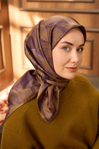 Twill İpek Eşarp Vizon-Patlıcan Moru Koyu Gold Geçişli Kaymaz Tok Duruşlu 90X90