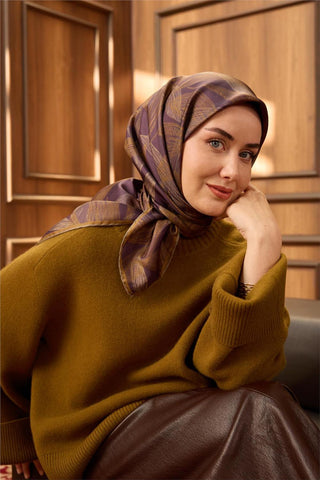 Twill İpek Eşarp Vizon-Patlıcan Moru Koyu Gold Geçişli Kaymaz Tok Duruşlu 90X90